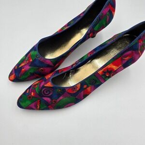 Vintage Compliments Abstract Colorful Print Heels‎ Pointed Toe Pumps Shoes